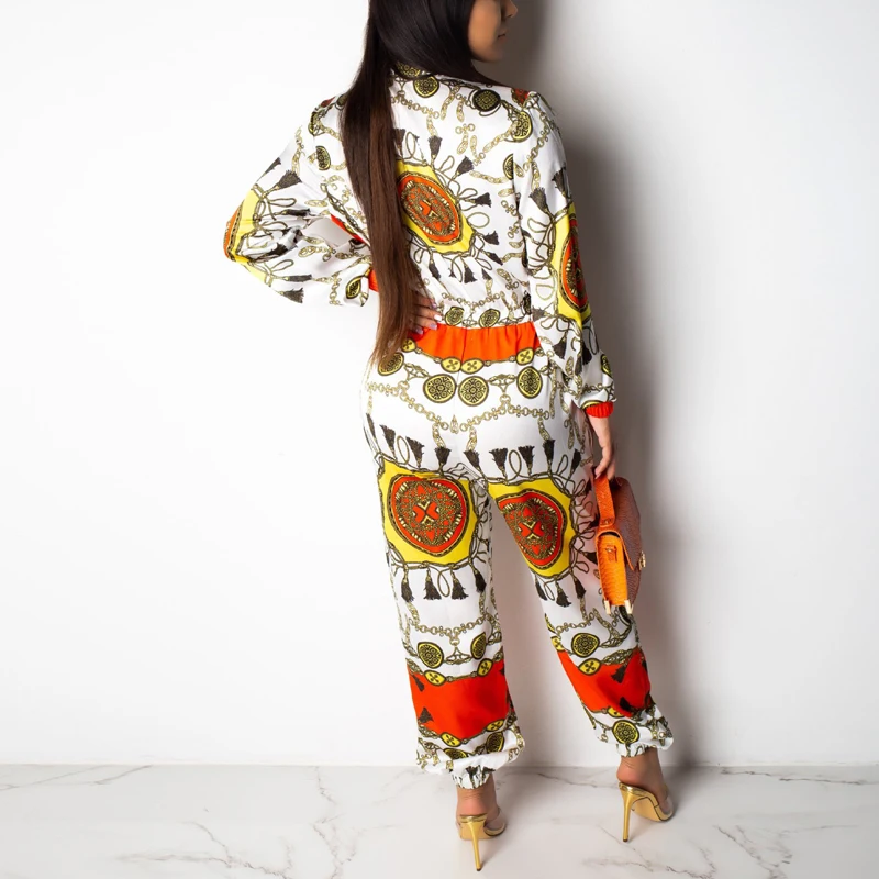 Women Long Sleeve Zip Up Jumpsuit Vintage Printed Regular Fit Long Jumpsuit Elegant Holidays Beachwear Office Lady Workwear