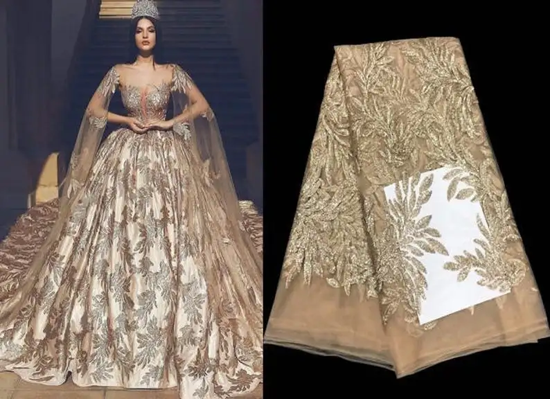 5 ярдов африканская кружевная ткань Великолепная блестками лист Тюлевая