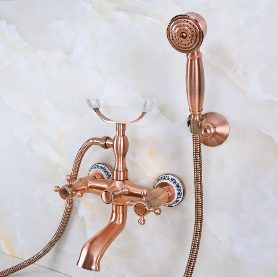 Античный красный медный смеситель с двойными перекрестными ручками для ванны и