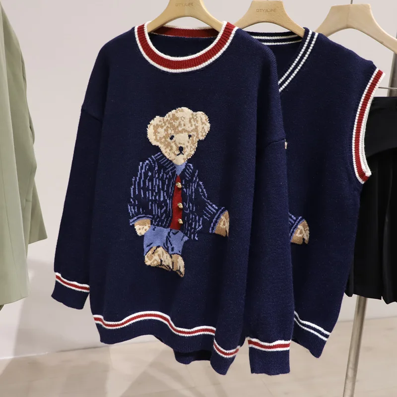 

Oversize Women Sweaters Autumn Winter Knitwear Pullovers Casual Korean Girls Cute Teddy Bear Jaquard Sweater V-neck Knitted Vest