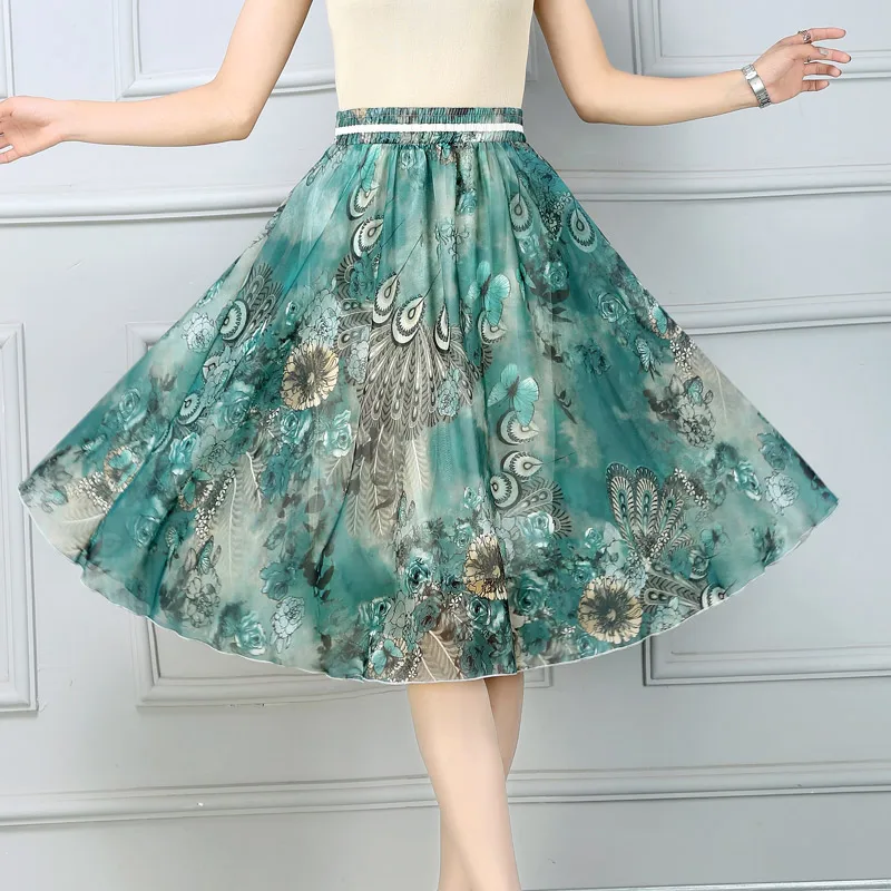 Юбка женская шифоновая средней длины с цветочным принтом и завышенной талией |