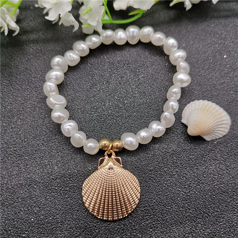 Золотой цвет, морская звезда, раковина, каури, ракушка, браслеты для женщин, имитация жемчуга, бусин, очаровательный браслет, Новая мода, пляжные ювелирные изделия