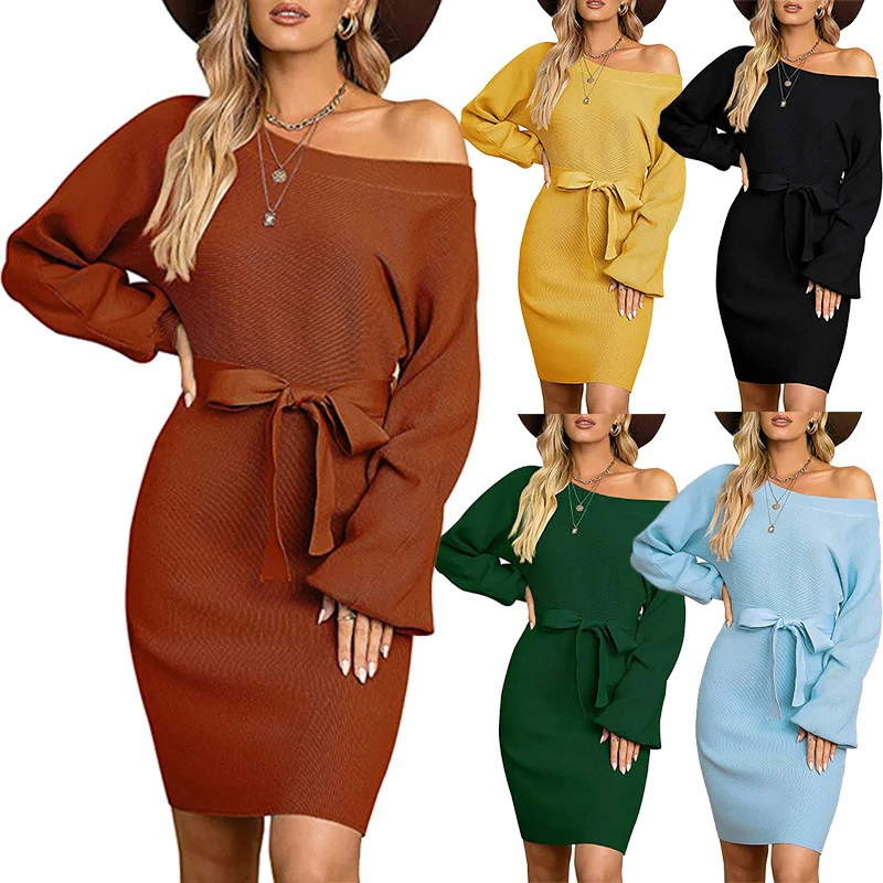 

Autumn and winter 2021 new knitted solid color slim fit women's long sleeve Hip Wrap off shoulder dress