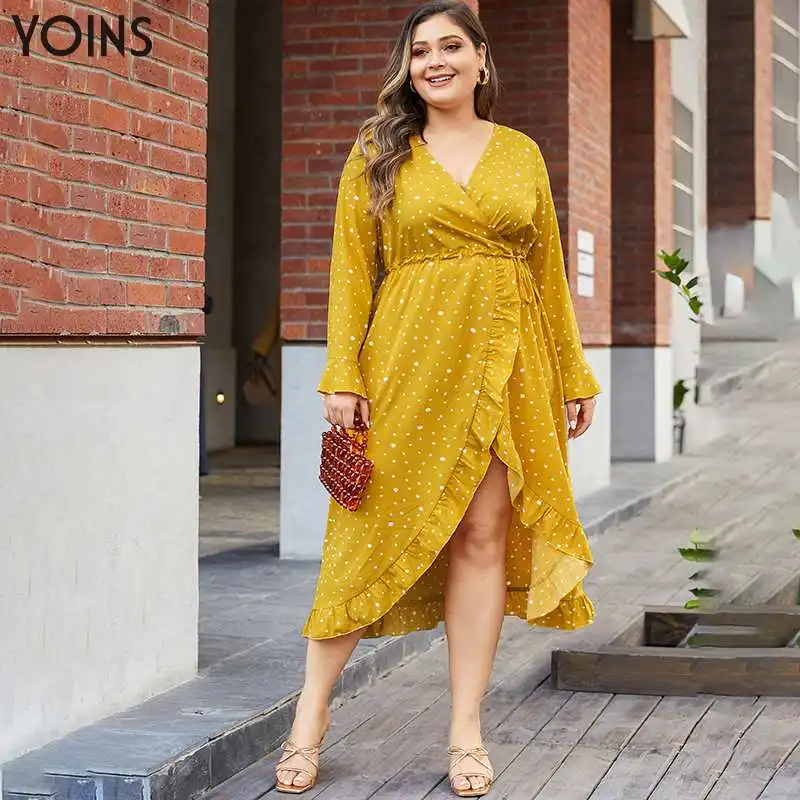 Женское винтажное платье миди YOINS богемное в горошек с v-образным вырезом и