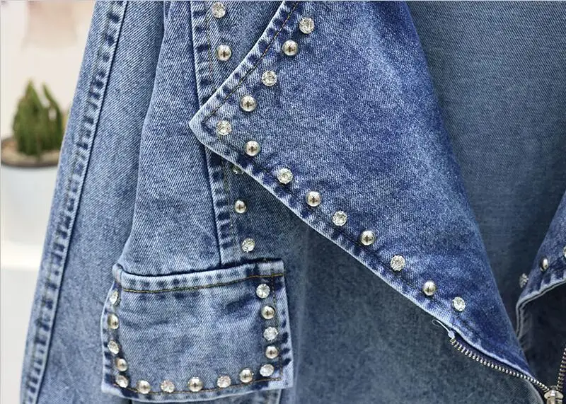 

Denim Jacket Women New 2021 Heavy Work Rivet With Diamond Denim Coat Women Short Slim Cowboy Jackets Woman Outerwear Black