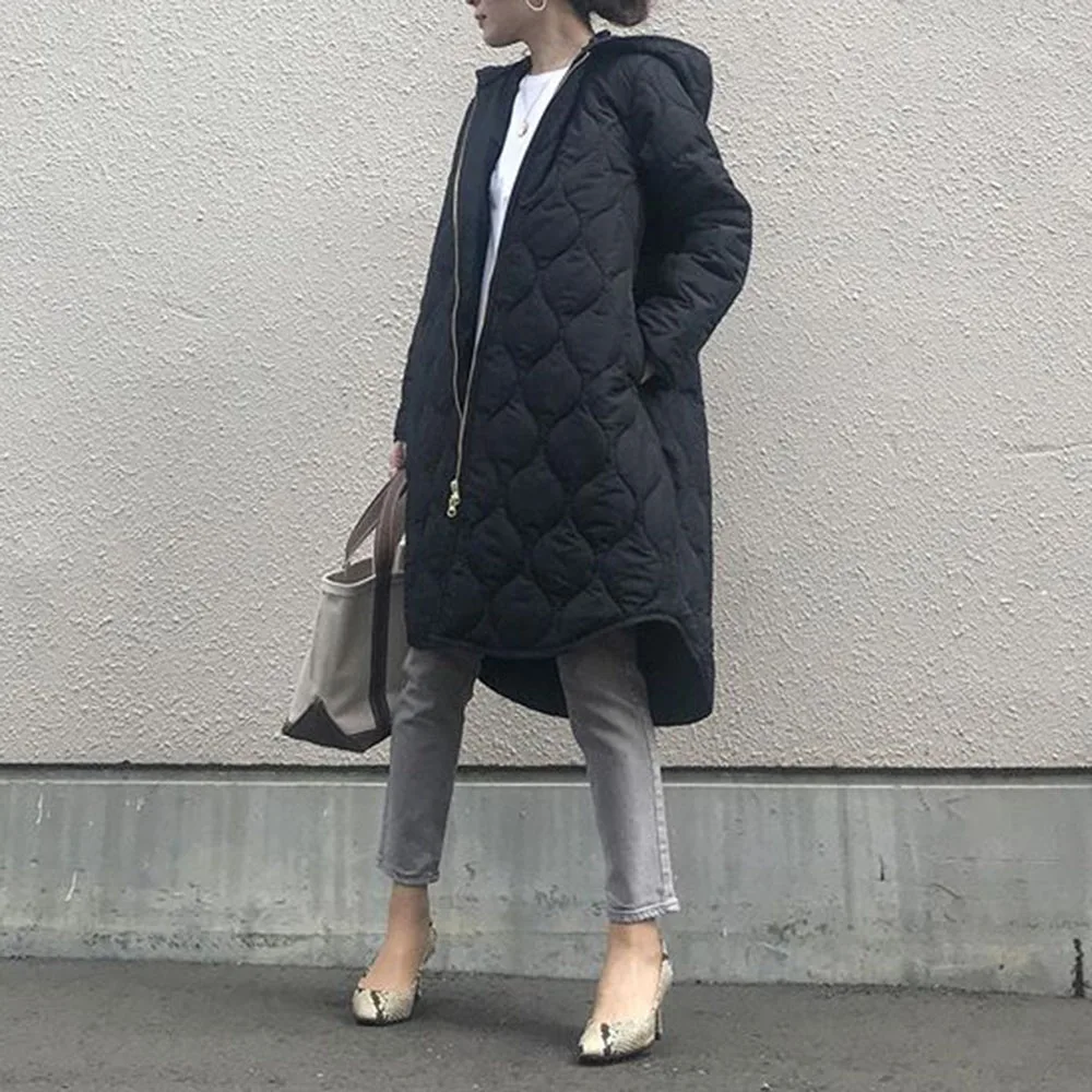 

Cotton Padded Jacket Autumn Winter 2020 Women Casual Loose Hooded Zipper Long Coat Female Korean Streetwear Oversized Parka
