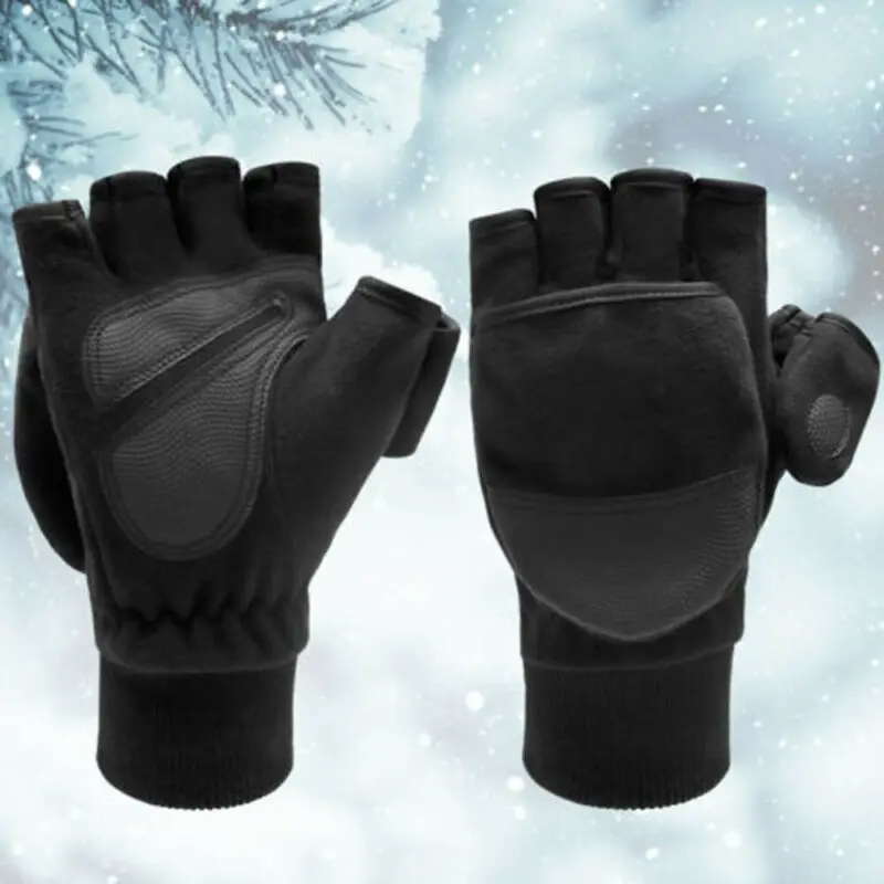 Men Winter Fleece Half Finger Flip Gloves Double Layer Thicken Touch Screen Fingerless Convertible Mittens Wrist Gym PU | Аксессуары для