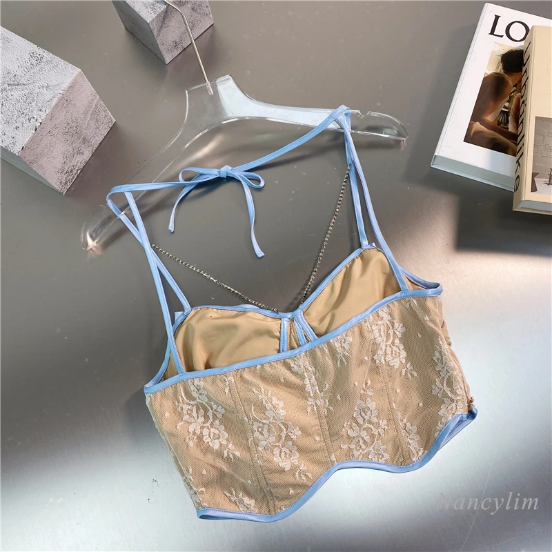 2021 Summer New Korean Style Sweet Satin Bow Rhinestone Chain Short Camisole Tanks Female Sexy Top