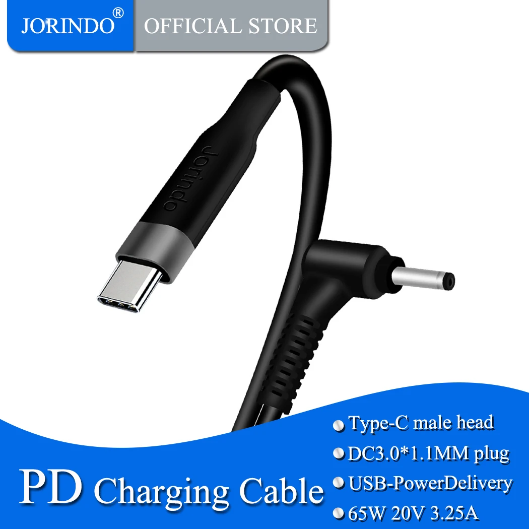 

JORINDO Type-C male plug to DC 3.0*1.1mm male plug for notebook power portable cable,Pd 65w fast charging cable, usb3.1 to 3011