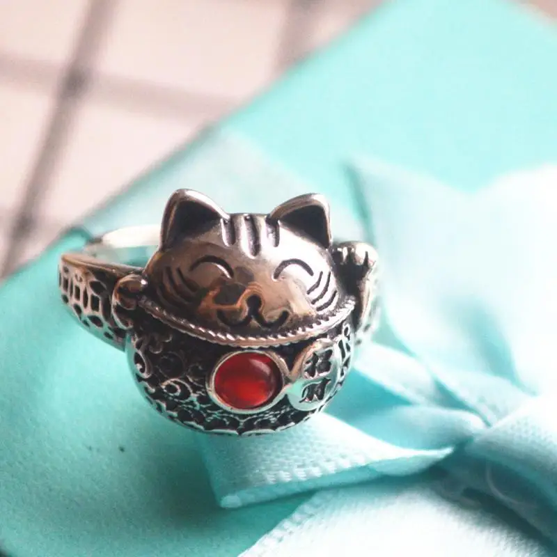 

Original design lucky cat Thai silver opening adjustable ring Chinese style retro culture light luxury charm silver jewelry