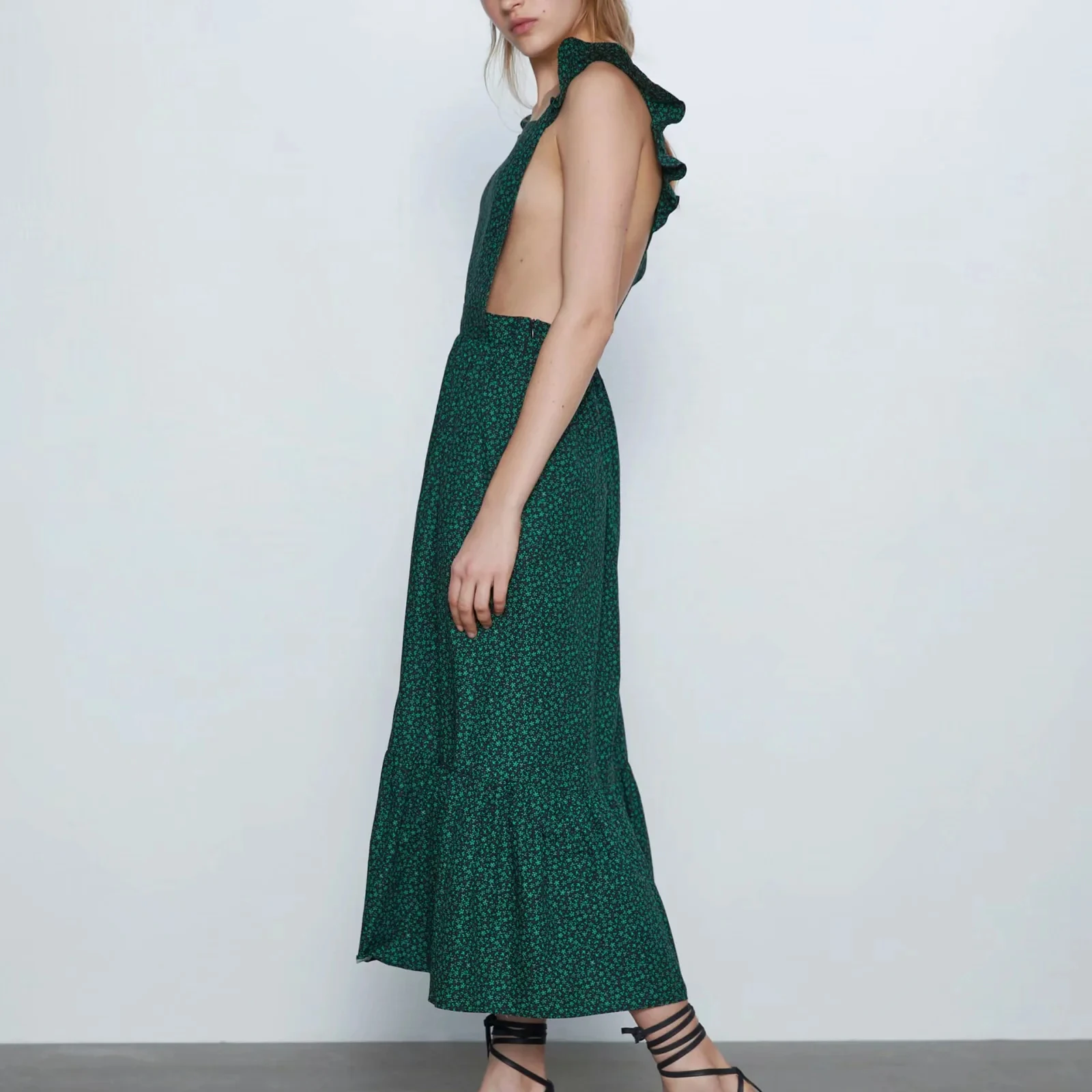 Женское платье ZA зеленое с цветочным принтом гофрированное сексуальное открытое