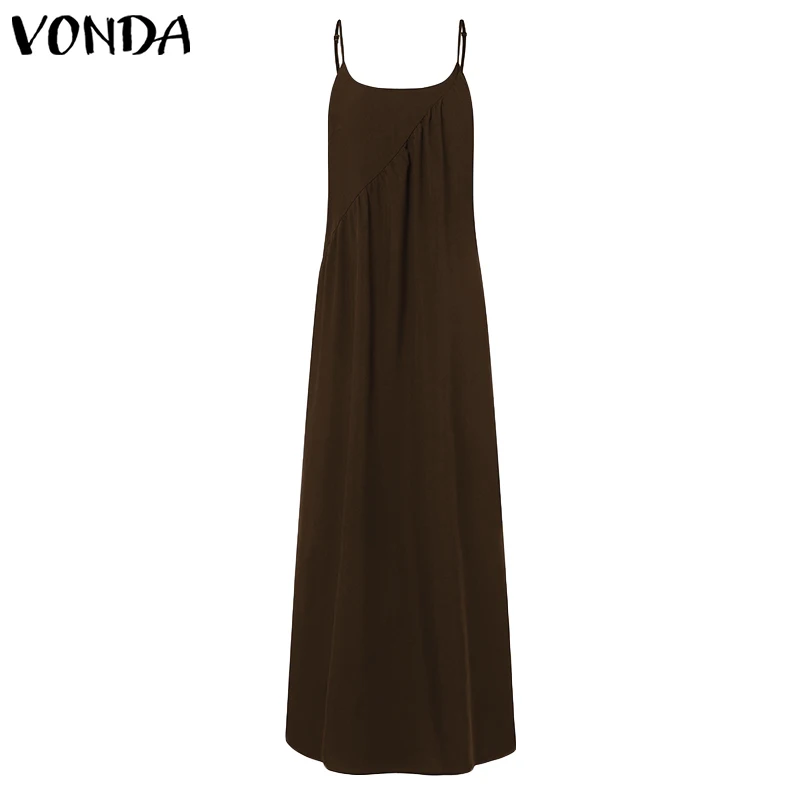 Coffee VONDA, женское платье,, летнее, Пляжное, сексуальное, на бретельках, без рукавов, длинное, макси платье, повседневное, свободное, размера плюс, Vestidos - Цвет: Coffee