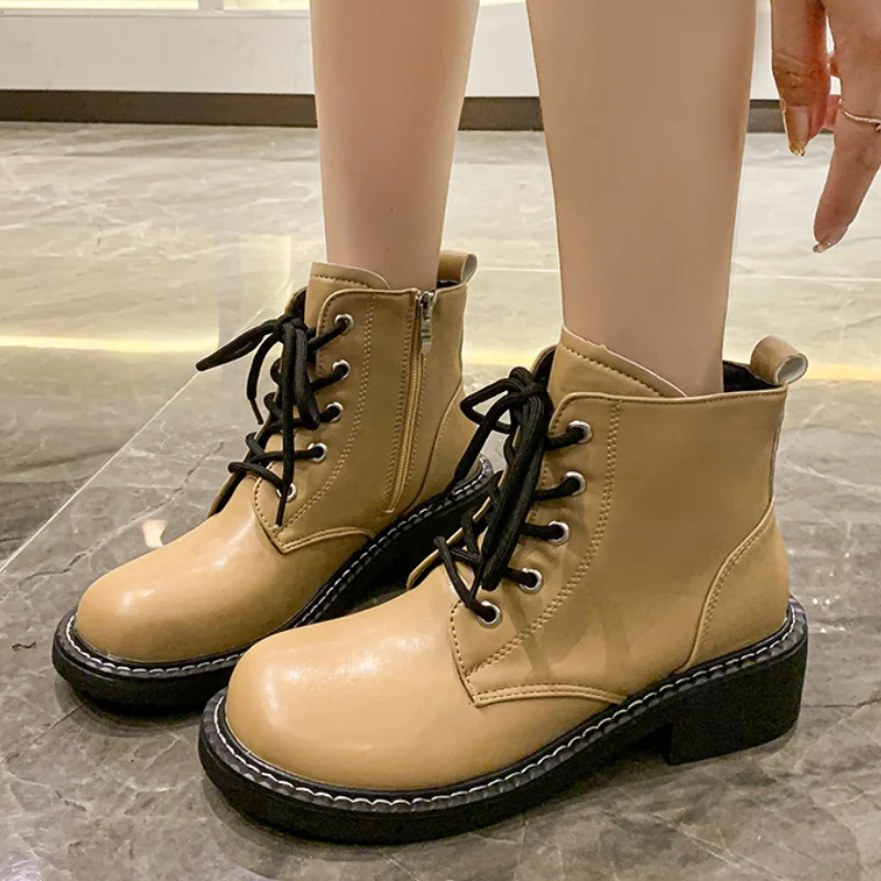 

2021 Hot Sale New Shoes Women Ankle Boots British Style Fashion Lace Up Motorcycle Martin Boots Women Chunky Heel Platform Shoes