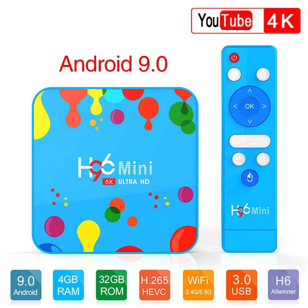 Android 9 0 Smart tv Box 4 ГБ 32 ГБ/128 H96 мини H6 четырехъядерный 6K H.265 Wifi HD Google плеер Youtube