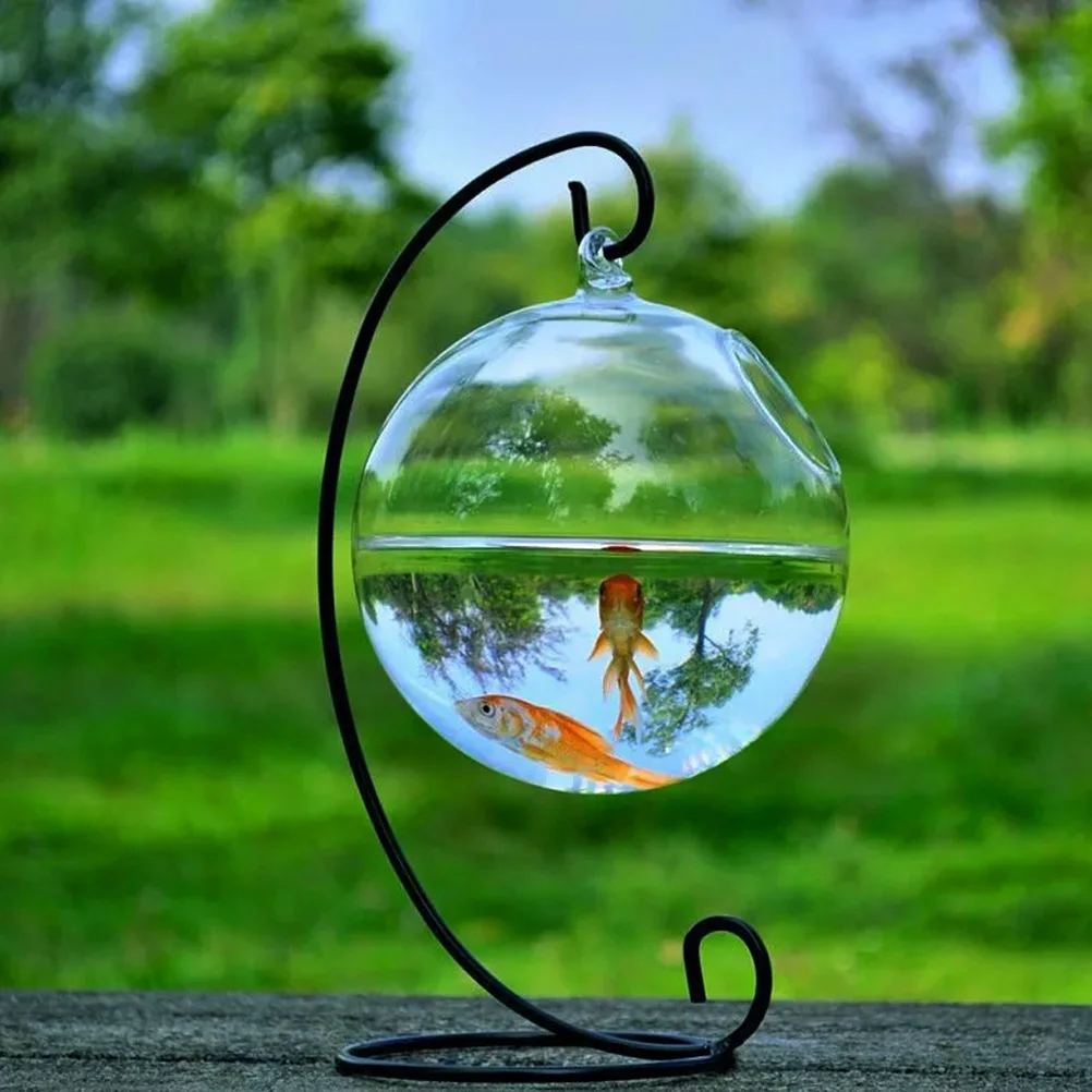 1Set Round Shape Hanging Glass Aquarium Fish Bowl Tank Flower Plant Vase with 12cm Height Rack Holder Home Decoration - купить по