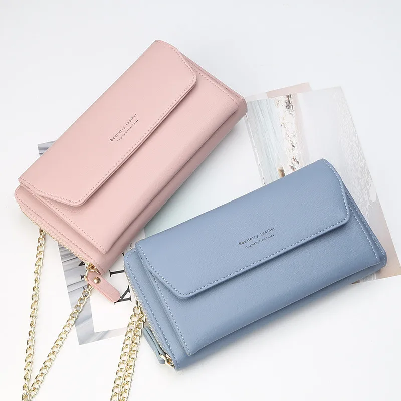 

2021 Women Wallet Shoulder Bags Solid Leather Shoulder Straps Mobile Phone Bag Big Card Holders Wallet Handbag Pockets Girls