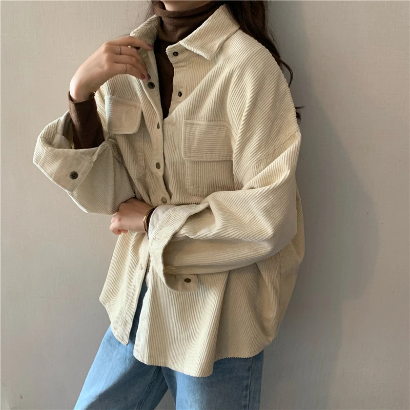 

Vintage Korean Corduroy Shirt Women Long Sleeve Single Breasted Turn Down Collar Loose Casual Autumn Winter Blusas Elegant