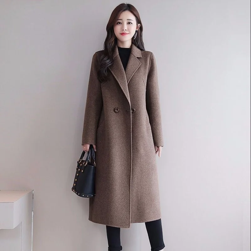 

Leiouna Solid Full Long Sleeves Thick Fashion Women Woolen Overcoat Wool Blends Large Size Coat Autumnfemale Section Woolen Coat