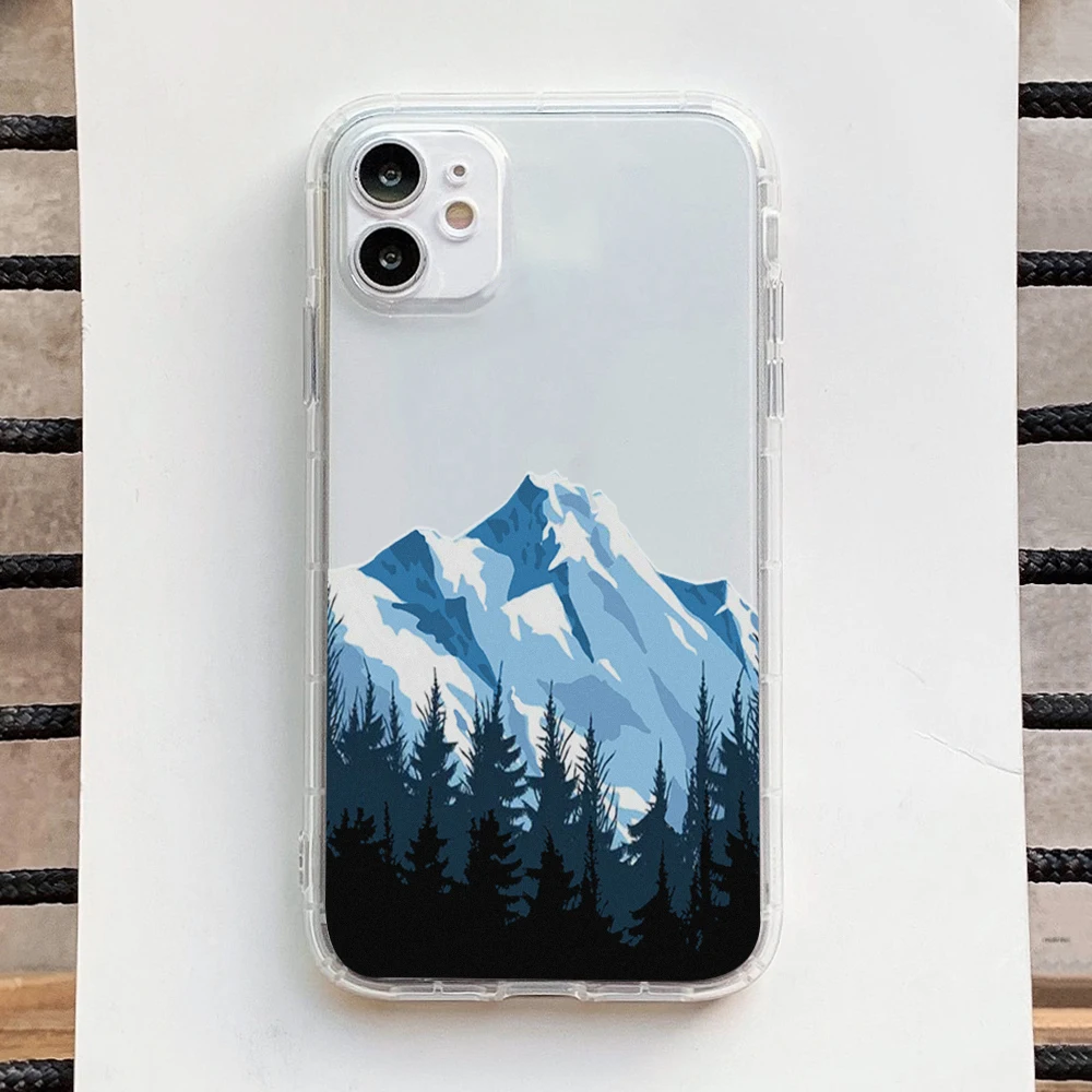 

Snow Mountain Phone Case for Iphone 6 6s 7 8 Plus SE2020 X XR 12 11 XS 13 Pro Max Mini Deer Illustration Transparent Clear Cases