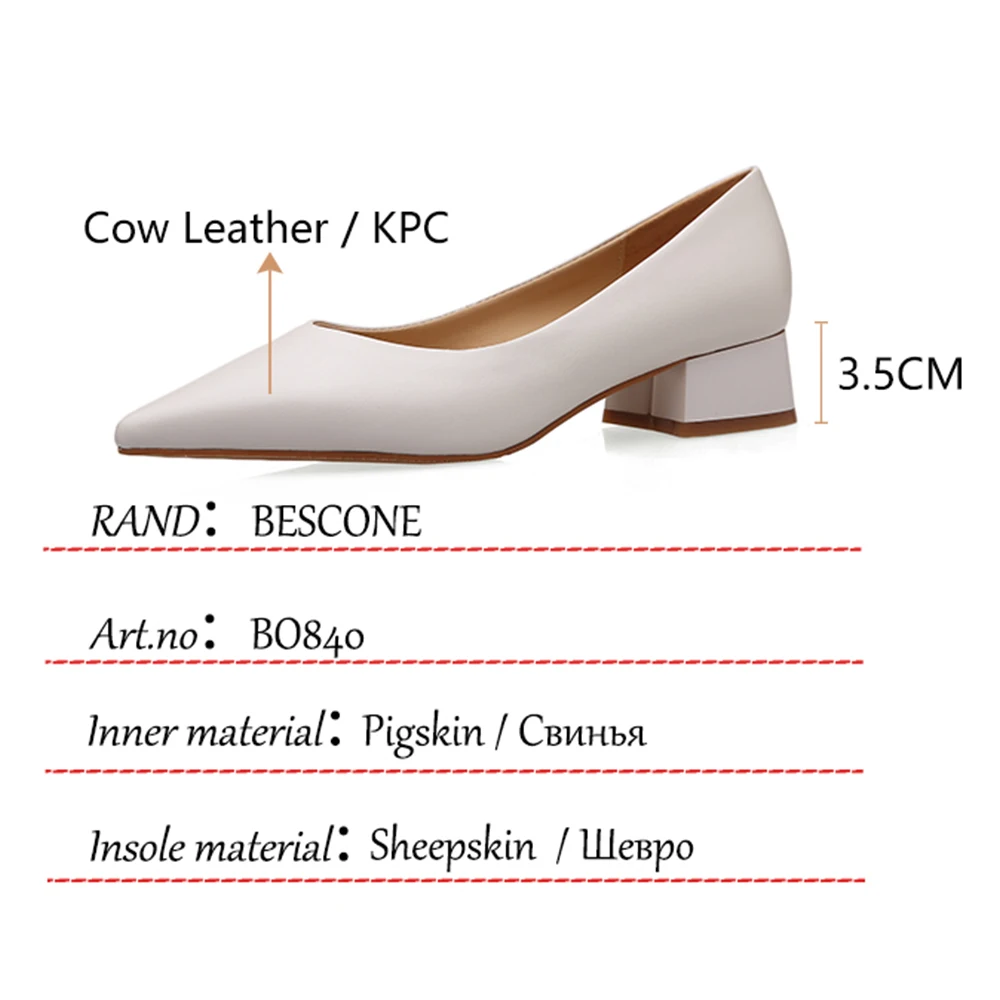 

BESCONE Women Pumps Fashion Genuine Leather Handmade Female Shoes TPR Thick Heel All-Match Comfort Concise Ladies Shoes BO840