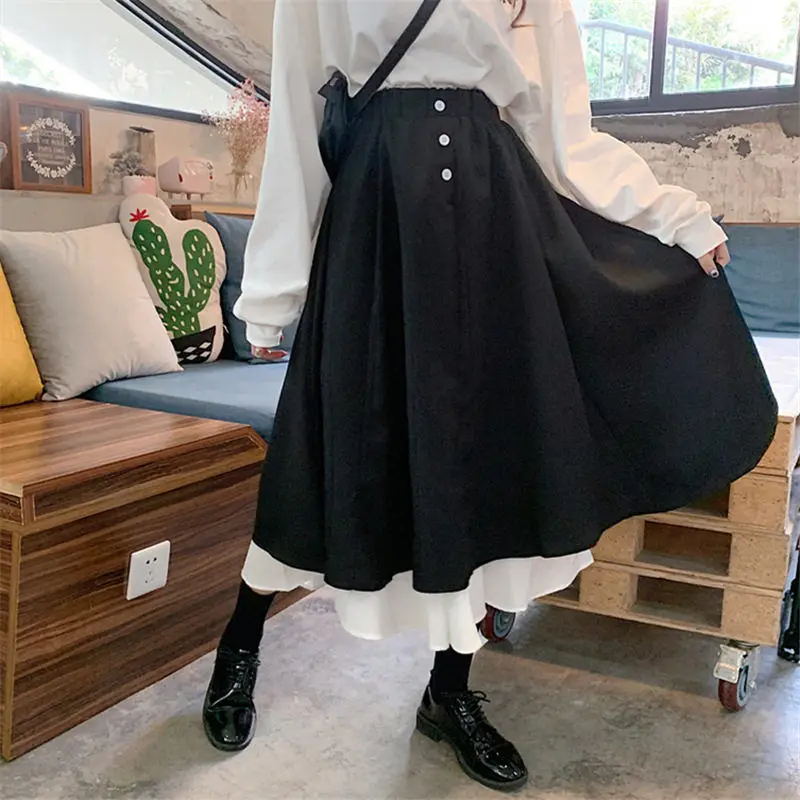 

Skirts Women Chic Korean Retro Ruffles All-match Summer Fall Basic Ladies Skirt Lovely Patchwork Ins Elastic Waist Womens Faldas