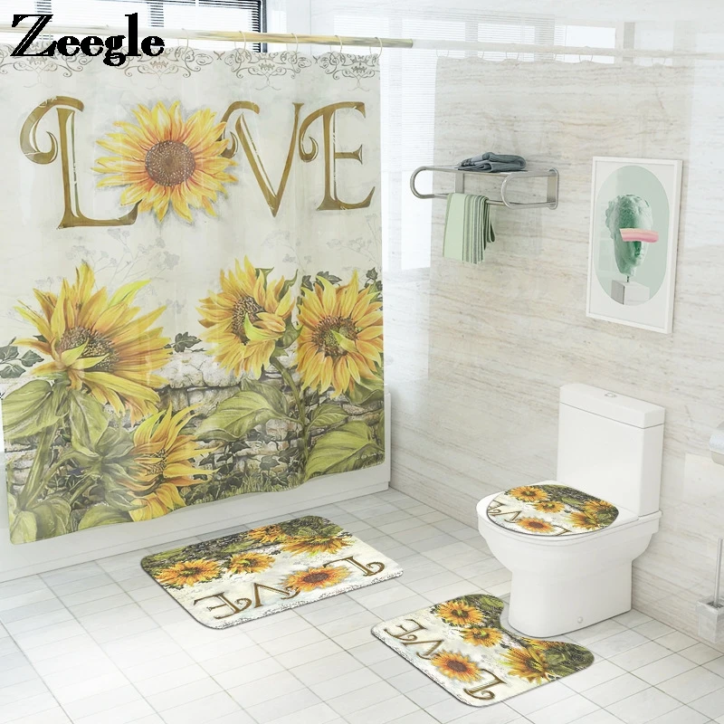 

Scenic Floral Bathroom Mat Absorbent Bath Mat Non-Slip Bath Floor Rug Toilet Carpet Rugs and Waterproof Shower Curtain Set