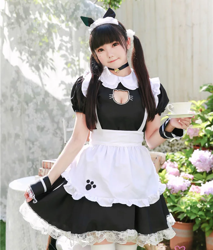 

Amine Classic Black Cat Cafe Maid Cosplay Costume Lolita Cute Dress Restaurant Waiter Uniform For Women Including Bow Headdress