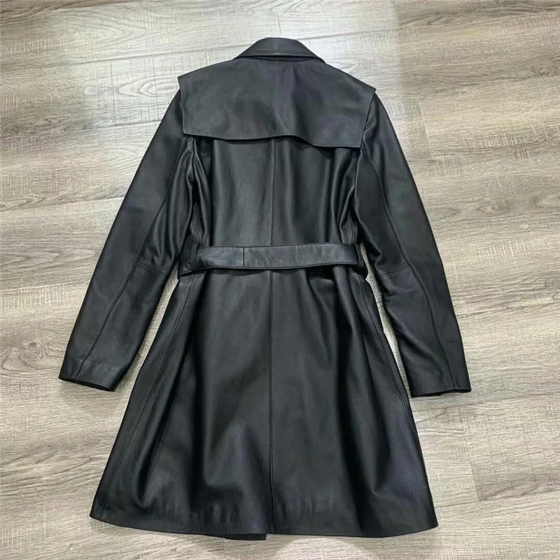 Women Real Leather Black Khaki Long Trench New Turn Down Collar Long Sleeve Loose Fit Windbreaker Fashion Tide Spring