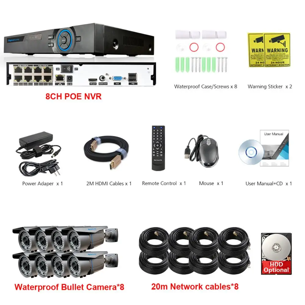 8 Camera with Cables Toprohomie H.265+ 8CH NVR Системы 5MP POE NVR kit 4MP IP66 Водонепроницаемый 2,8 мм-12 мм с переменным фокусным расстоянием POE IP Камера 8CH комплект видеонаблюдения 4T - Цвет: 8 Camera with Cables