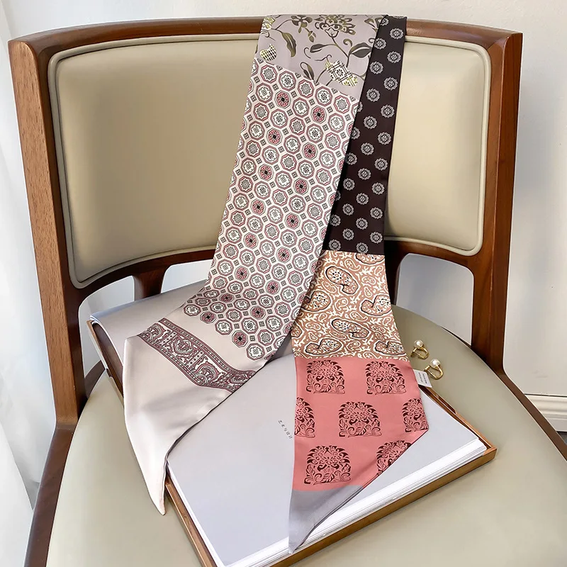 

Новый стиль Шелковый шарф с украшением в виде цветка кешью женский корейский Тонкий и узкий шарф в полоску двойного назначения двойной мягк...