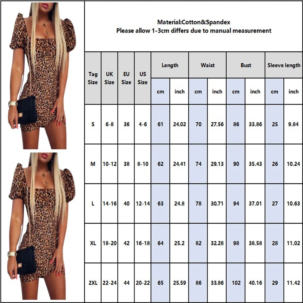 

Ladies Party Club Pleated Mini Dress Women Sexy Bodycon Dress for Summer Leopard Print Short Puff Sleeve Square Collar Dress D30
