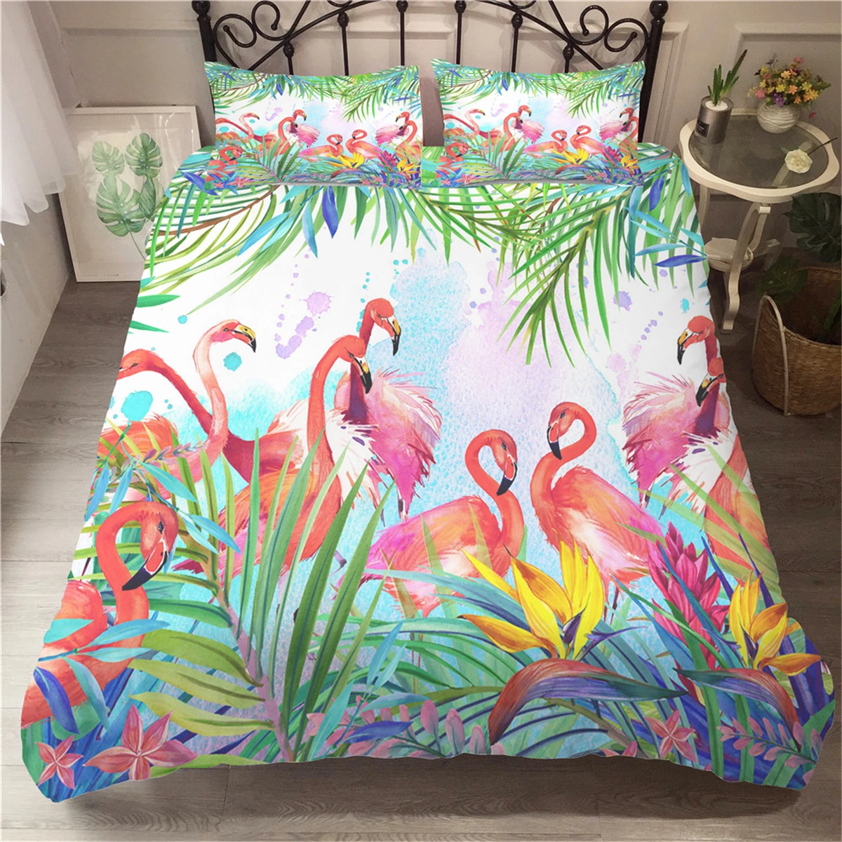 Красочные художественные постельные принадлежности Фламинго лист тропического