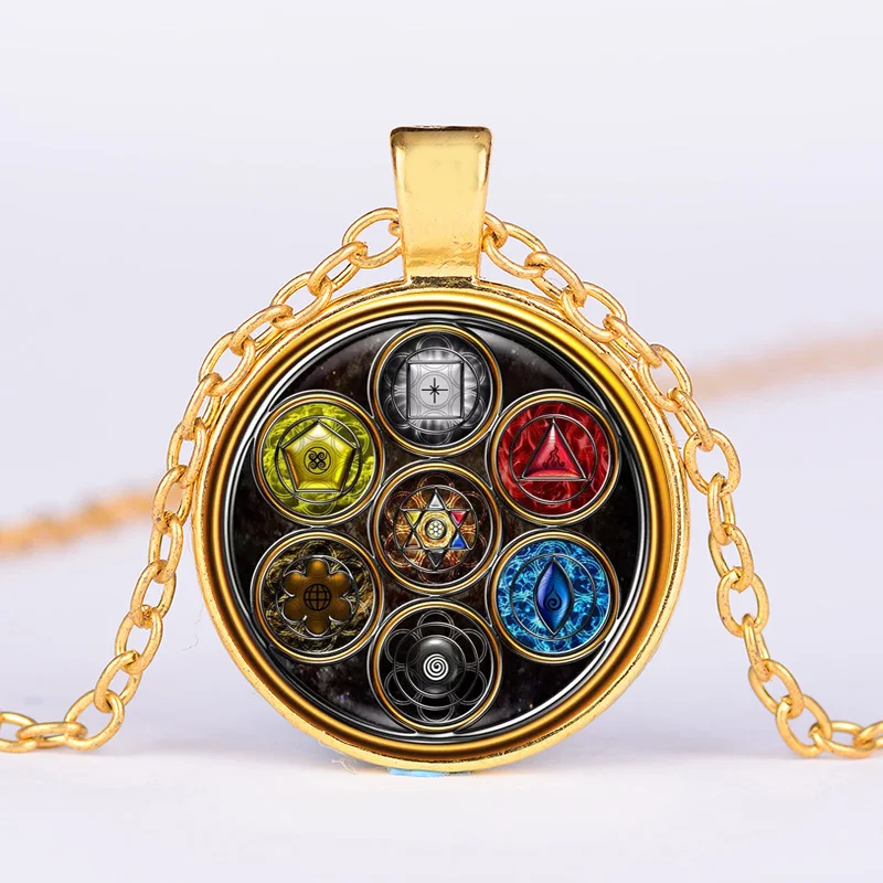 

Vintage 7 Chakra Art Symbol Necklace Yoga Reiki Healing Balance Creative Pattern Glass Dome Buddhism Jewelry Accessories