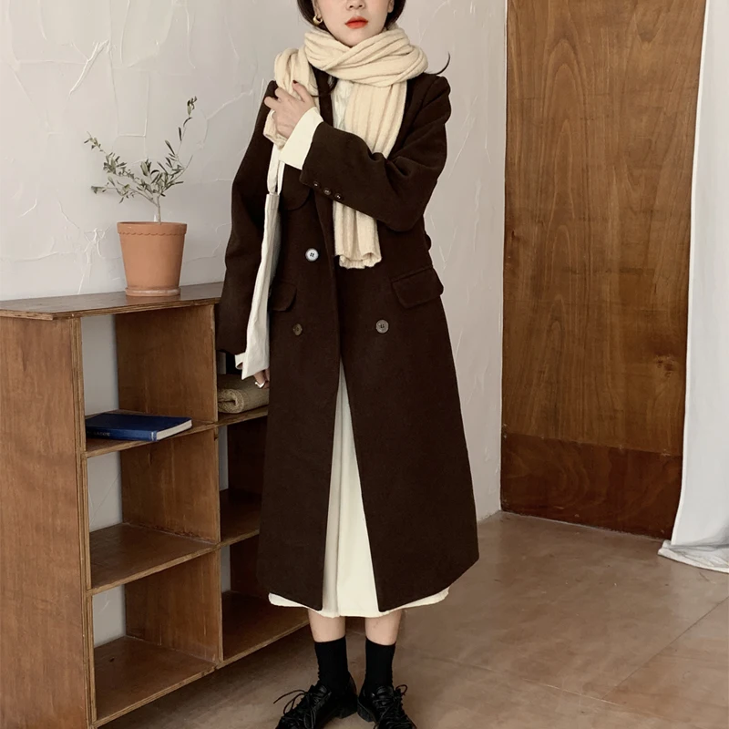 

Solid Color Chic Fashion Winter Elegant Versatile Korea Gentle Temperament Loose Lazy Lapel 2021 Woolen Women Coat