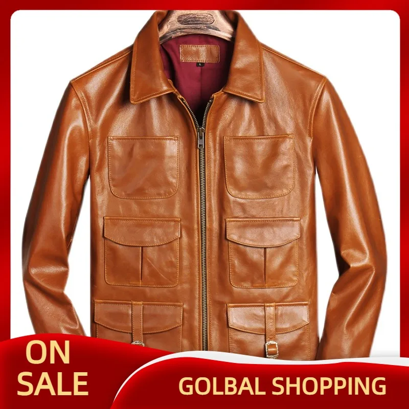 

2021 светильник коричневый Повседневная Стиль натуральная кожаная куртка для мужчин с шестью карманами размера плюс 4XL реальные из натуральн...