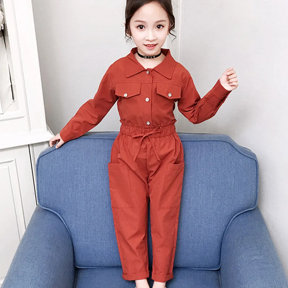 Одежда для девочек однотонный костюм из блузки и брюк брюки-карго с высокой