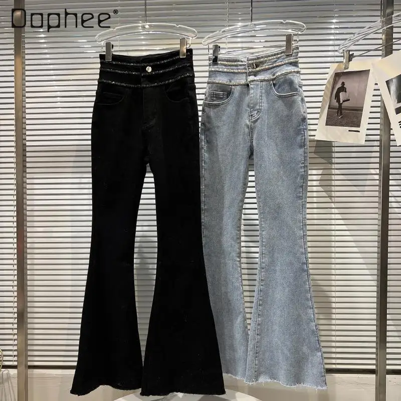 

Новинка 2021, зимняя одежда, модные декоративные джинсы с тремя штанинами и стразами на талии, элегантные эластичные облегающие узкие джинсов...