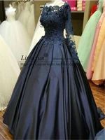 2020 navy blue long sleeve evening gowns beaded embroidery lace ball gown prom dresses stain appliques robes de soiree