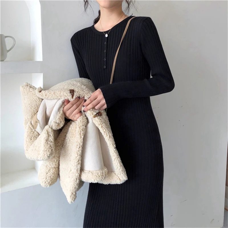 

BGTEEVER Autumn Winter Maxi Sweater Dress Women Long Sleeve Single-breasted Female Stretched Knitted Dress Solid Vestidos 2019