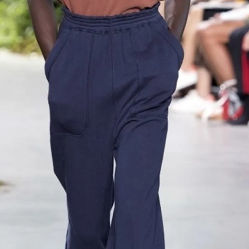 Summer men's solid color casual pants loose drape elastic waist fashion Italian show waist micro elastic wide leg pants