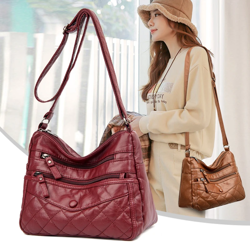 

Large Capacity Quilted Crossbody Bag For Women Solid Color Handbag Female Soft PU Leather Retro Tote Bag Designer Shoulder Bag