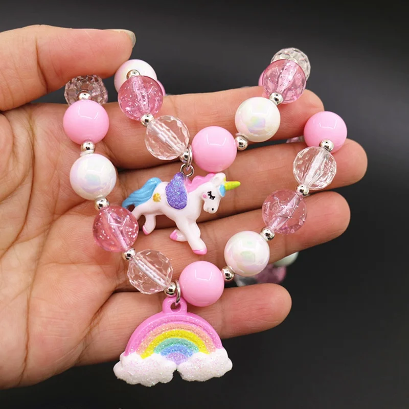 

2020 New Fashion Unicorn Pendants Necklace Rainbow Beads Necklace Bracelet Kids Girls Chunky Jewelry Set For Child Gift