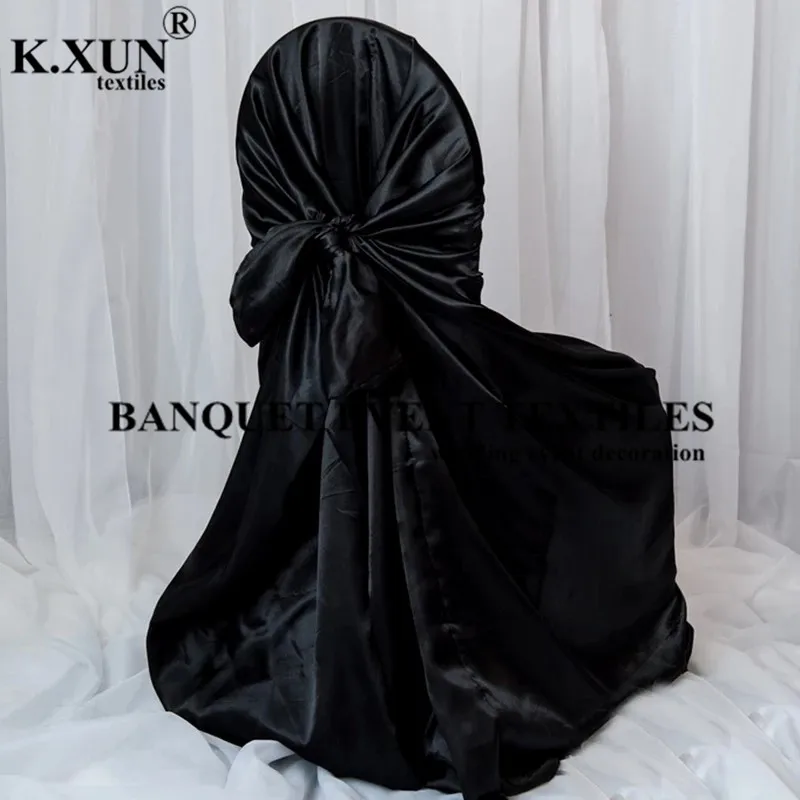 

Black Color Universal Satin Chair Cover Self Tie Wedding Chair Covers For Event Party Hotel Decoration