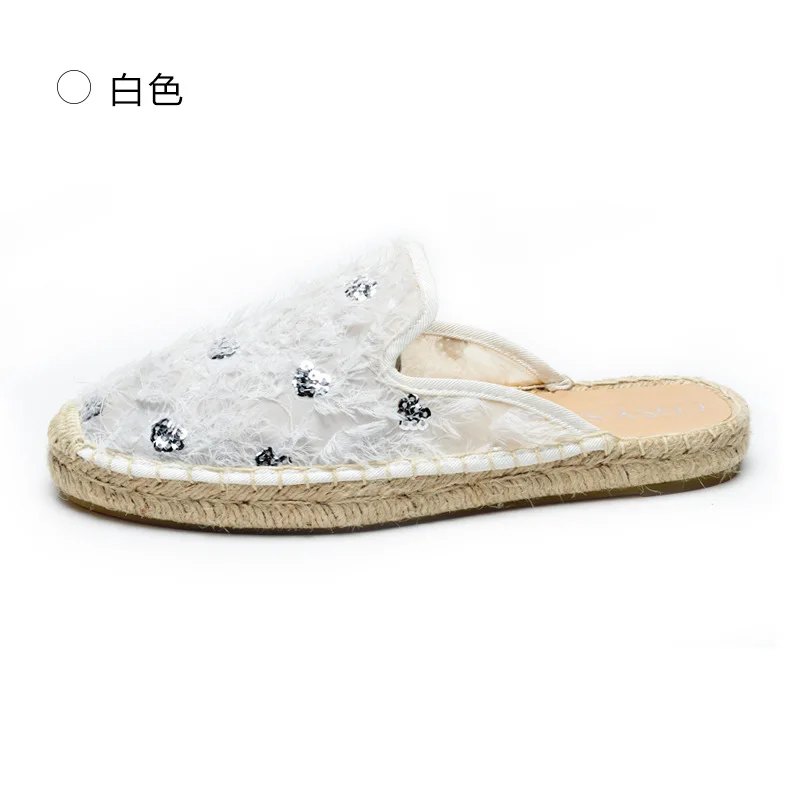 Korean-Style Casual Sequined Mesh Fisherman's Shoes Straw Slippers Women's Gentle Fairy  Flat with Soft Bottom Womens Shoes