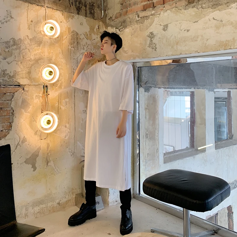 Мужская длинная футболка с коротким рукавом и Боковым Разрезом Уличная в стиле