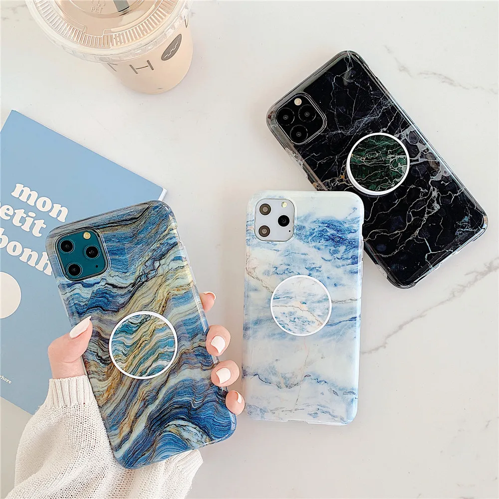 

Fashion Marble Holder Phone Case sFor iPhone 11 Pro Max X XR XS Max 7 8 Plus SE 2020 Case Soft Silicone Stand Back Cover Capa