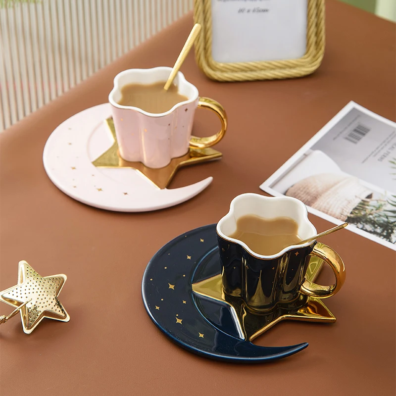 

Creative Cute Mug Moon Stars Saucer Exquisite Espresso Ceramic Coffee Cup Tazas Afternoon Tea Set Party Teacup Home Drinkware