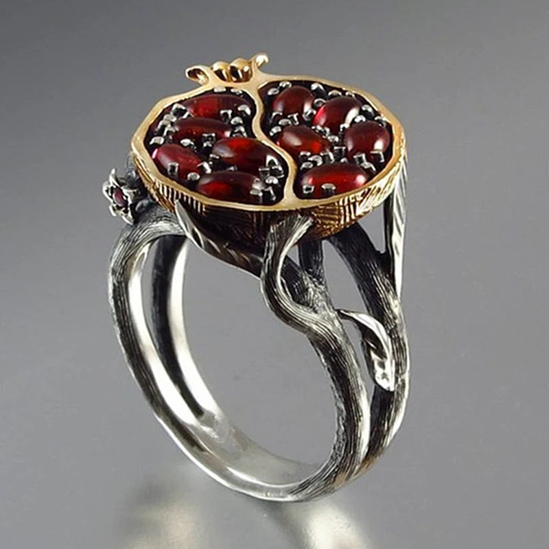 

Vintage Fruit Red Pomegranate Stone Ring Garnet Tree Vine Fashion Boho Jewelry Personality Finger Silver Color Gifts O5S600