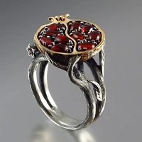 vintage fruit red pomegranate stone ring garnet tree vine fashion boho jewelry personality finger silver color gifts o5s600