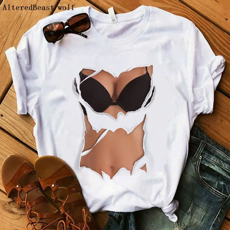 Новые летние женские футболки с принтом груди черный бюстгальтер женская